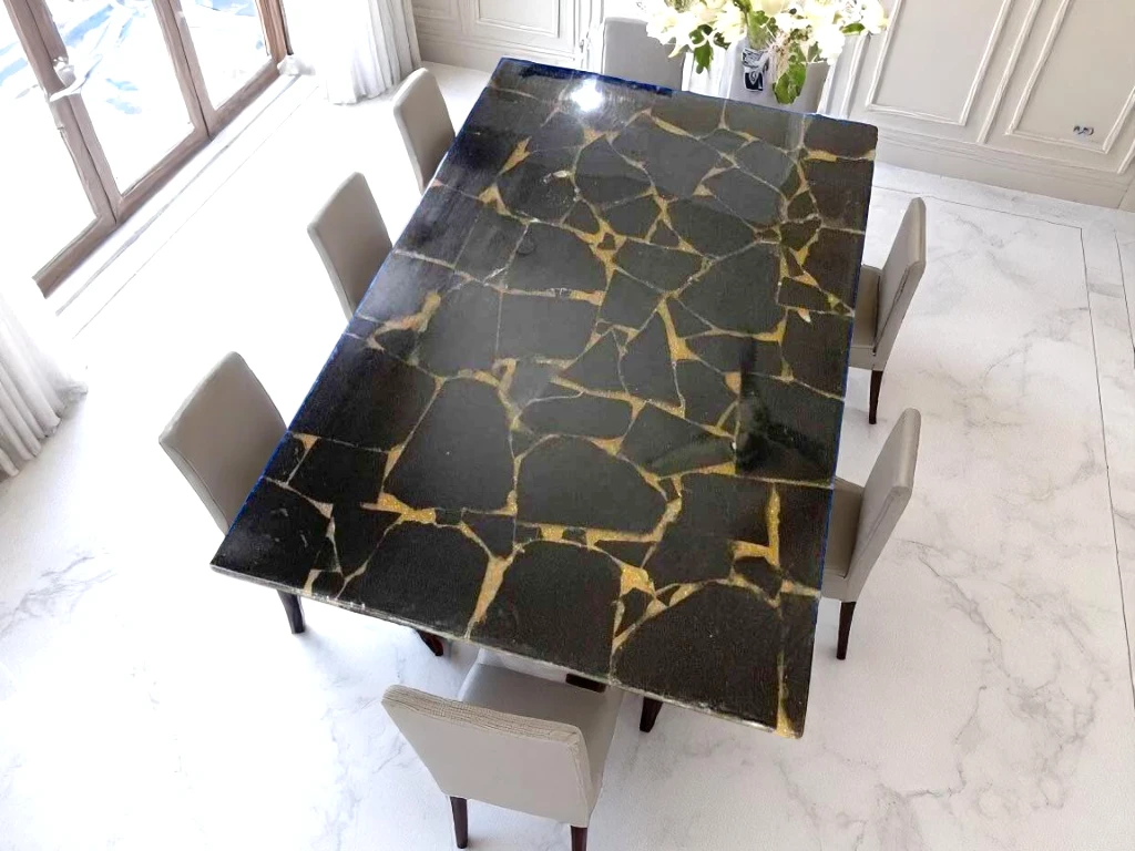 Black Obsidian Dining Table Top Rectangle – Luxury Gemstone Furniture
